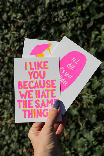 Studio Inktvis - I like you because we hate the same things Riso Postcard