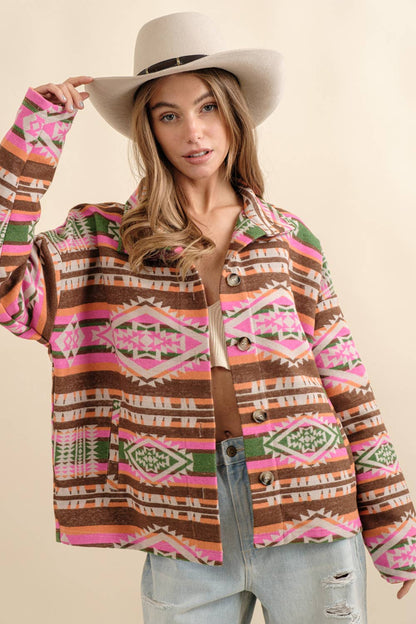 Blue B - Aztekische Westernjacke aus Jacquard mit Stehkragen und Knopfverschluss