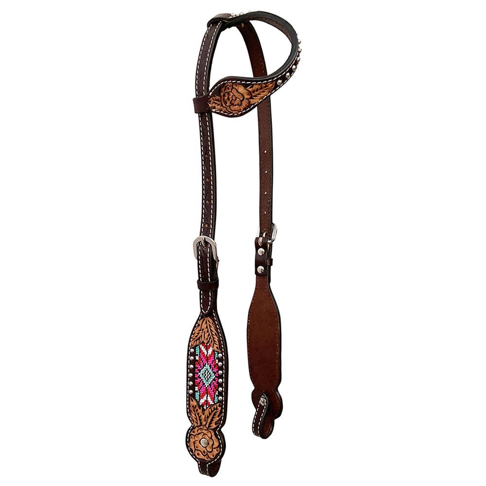 LS Western - Bride western en cuir à une oreille avec décor et perles