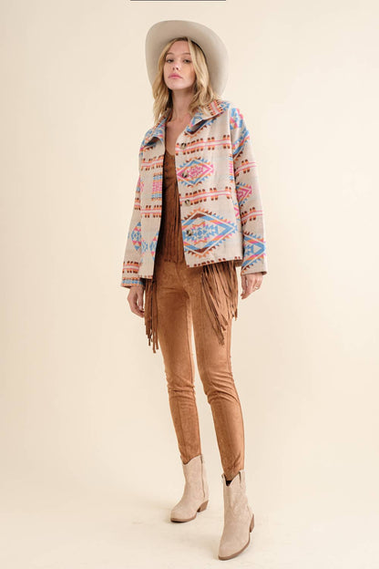 Blue B - Aztekische Westernjacke aus Jacquard mit Stehkragen und Knopfverschluss