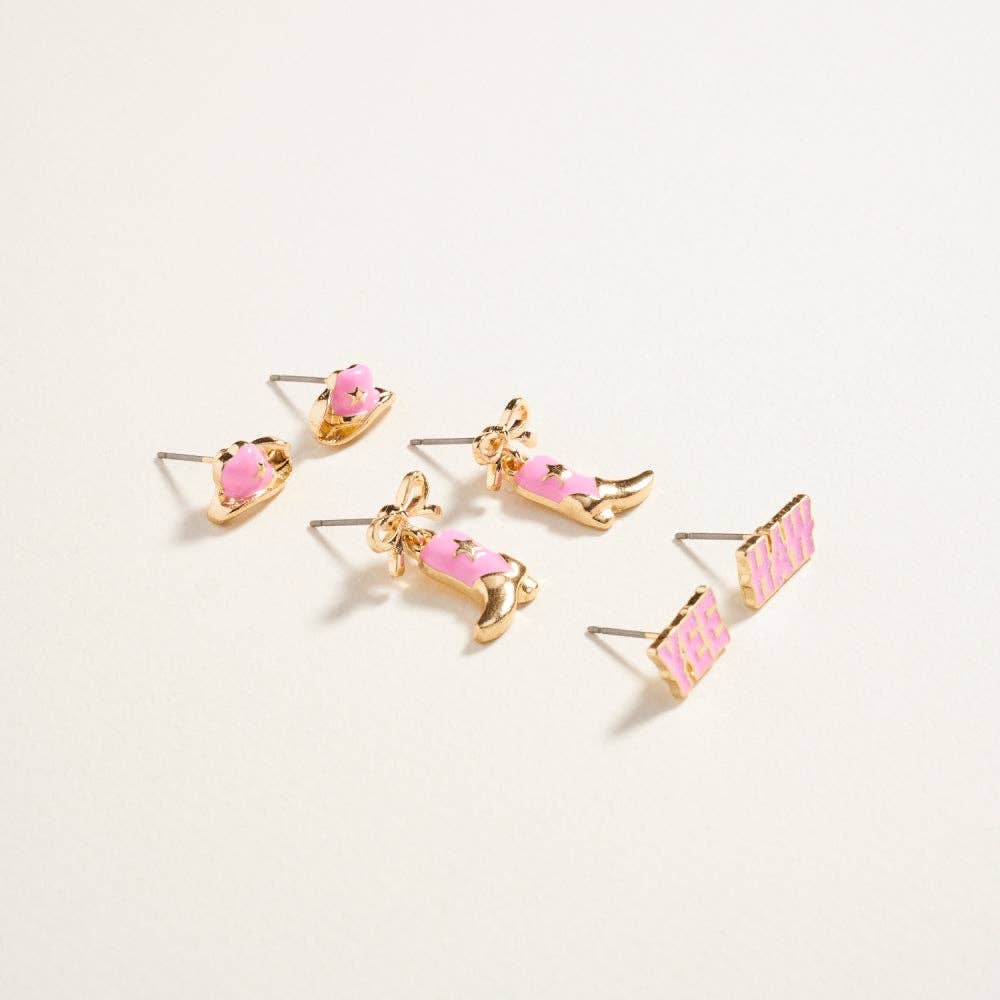 Designature - Western Mixed Cowgirl Themed 3-Piece Ear Stud Set