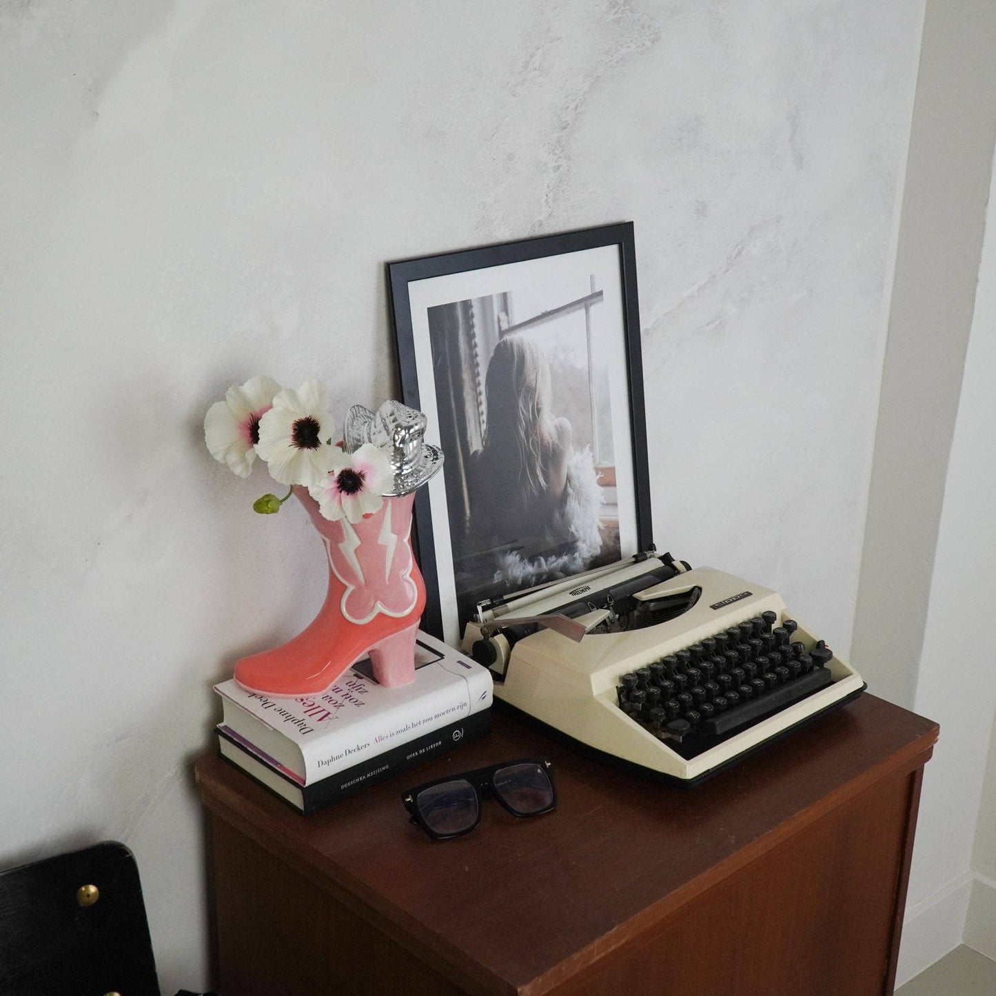 Housevitamin - Flower Vase Boot with Disco Hat, Ceramic Vase, Pink/Orange