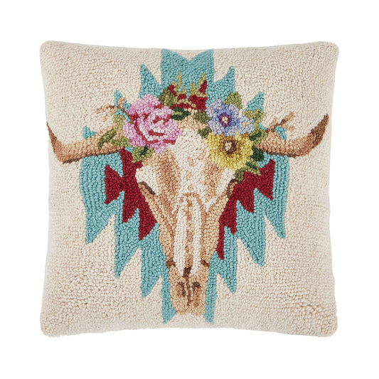 Peking Handicraft - Skull with Flowers Hooked Pillow - Susan Winget