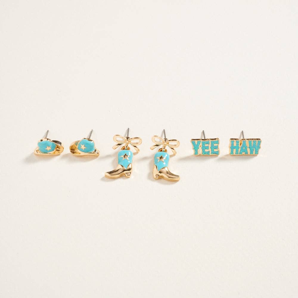 Designature - Western Mixed Cowgirl Themed 3-Piece Ear Stud Set