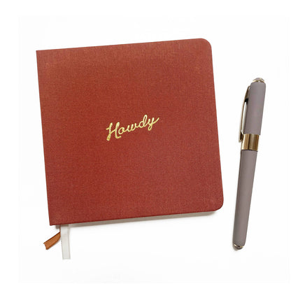 Portmanteau - Quaderno quadrato in lino con rilievo Howdy in foglia oro