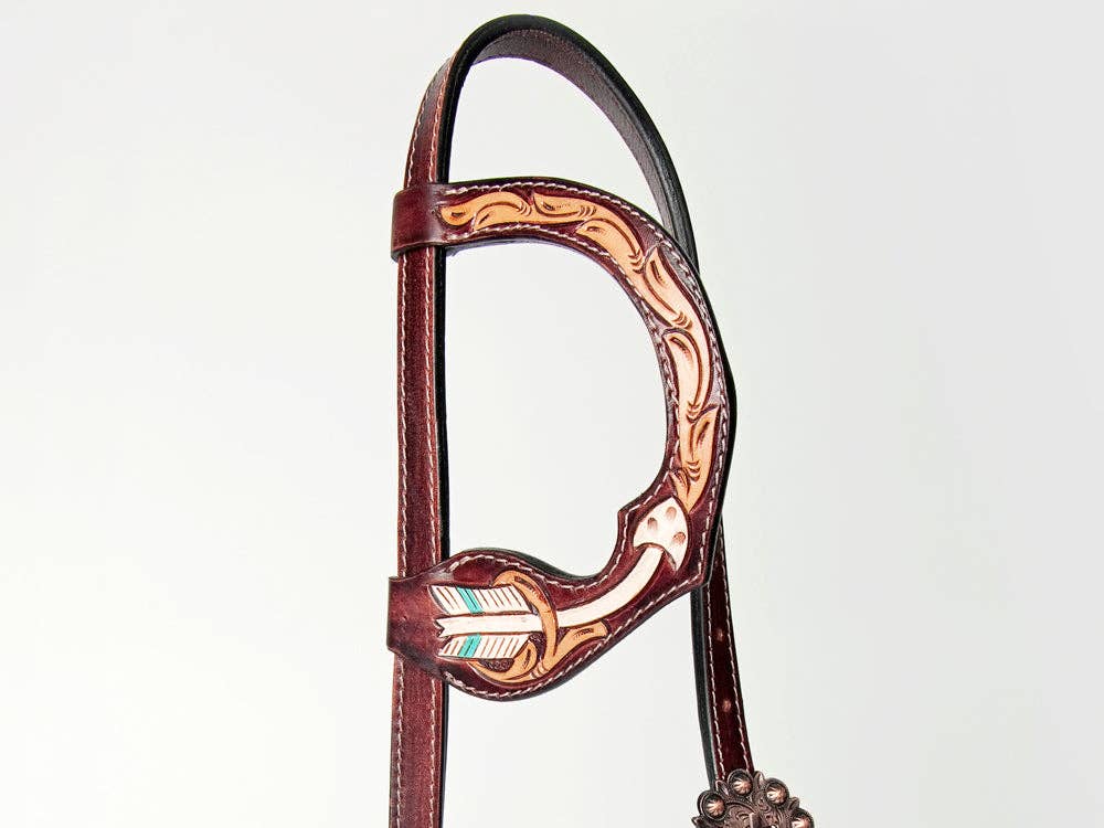 LS Western - HS Western Lederen one-ear hoofdstel met veertje turquoise wit