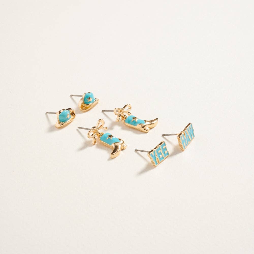 Designature - Western Mixed Cowgirl Themed 3-Piece Ear Stud Set