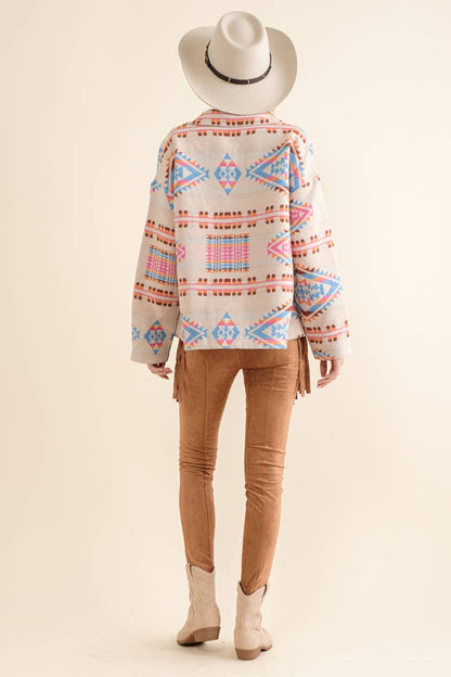 Blue B - Aztekische Westernjacke aus Jacquard mit Stehkragen und Knopfverschluss