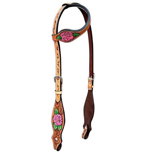 LS Western - Testiera Western in pelle con un orecchio e rose