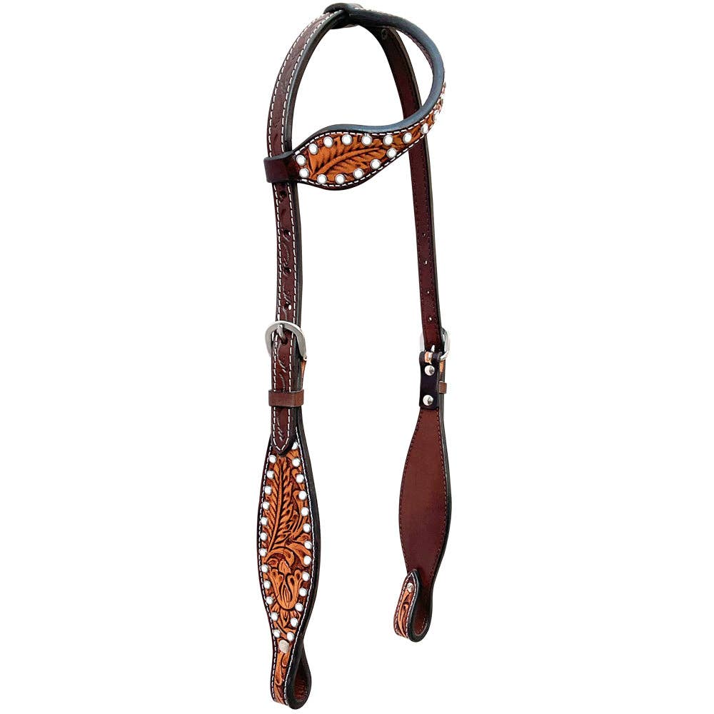 LS Western - Western Lederen one-ear hoofdstel met flower-tooling en studs
