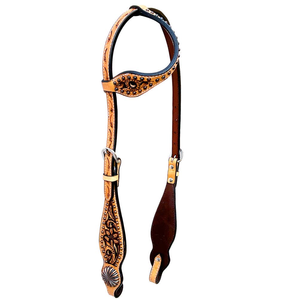 LS Western - Western Lederen one-ear hoofdstel met flower-tooling en studs