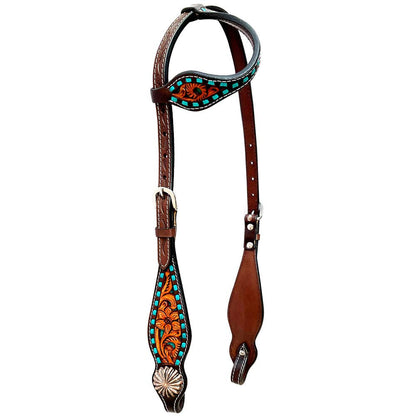 TOO GOOD TO GO - LS Western - Western Lederen Eén Oor Hoofdstel met bloemen tooling en turquoise afwerking (++)