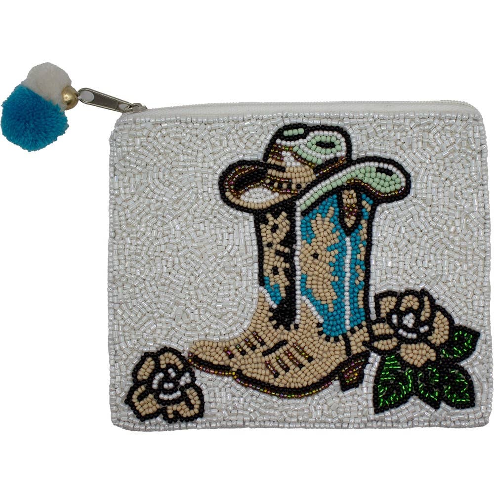 Pizzazz Inc - Beaded Bag Kraaltjes muntenzakje portemonnee met cowboylaarzen wit/ blauw