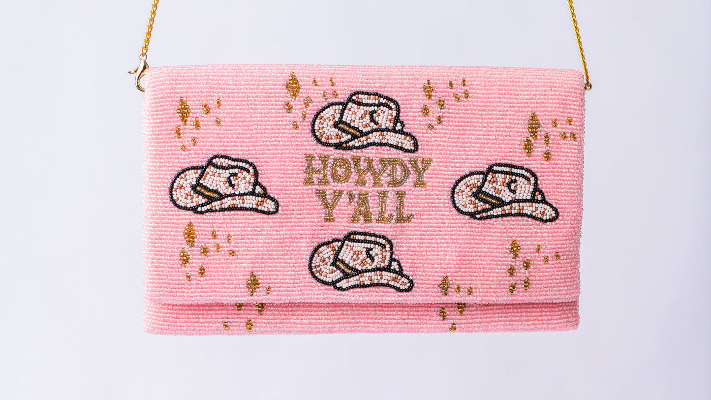 Pria Handmade - Beaded Bag schoudertas clutch Howdy Y'all lichtroze
