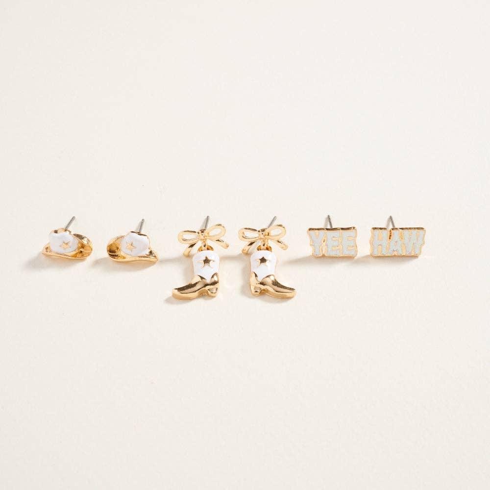 Designature - Western Mixed Cowgirl Themed 3-Piece Ear Stud Set