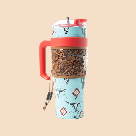 Myra Bag - Wide Wyoming Tumbler lichtblauw met lederen sleeve
