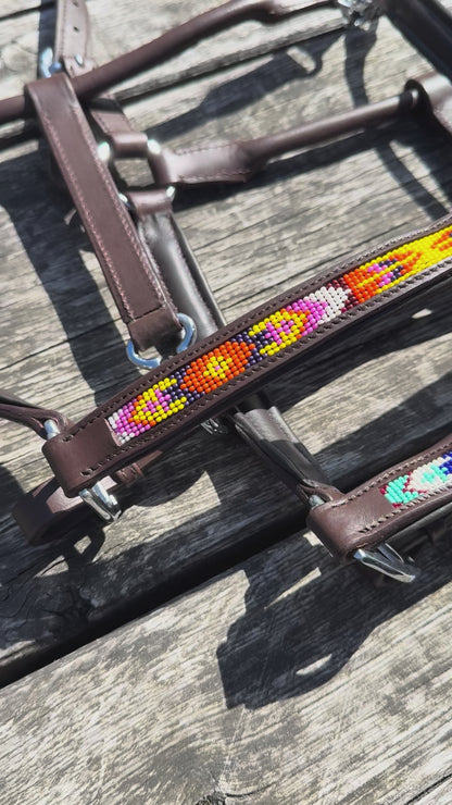 FMH - Cognac leather halter with beads ‘Beaded Bronco Bluey’ blue/turquoise/white