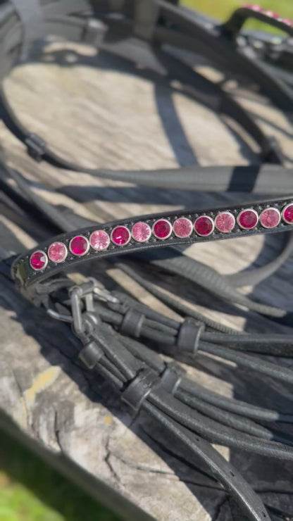 FMH - Luxury Hanoverian Bridle ‘Oops, I’m a Diva’ with Double Noseband Pink Lined Black Leather incl. Reins